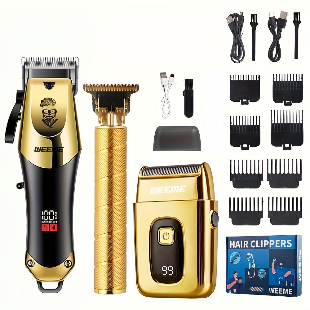 3pcs/set Professional Golden Hair Clipper And Trimmer Set For Men - USB Rechargeable Haircut Kit With LCD Display, Including Electric Shaver, T-Blade Trimmer, 8pcs Limit Combs, 3pcs USB Cables, 3pcs Cleaning Brushes, And Comb