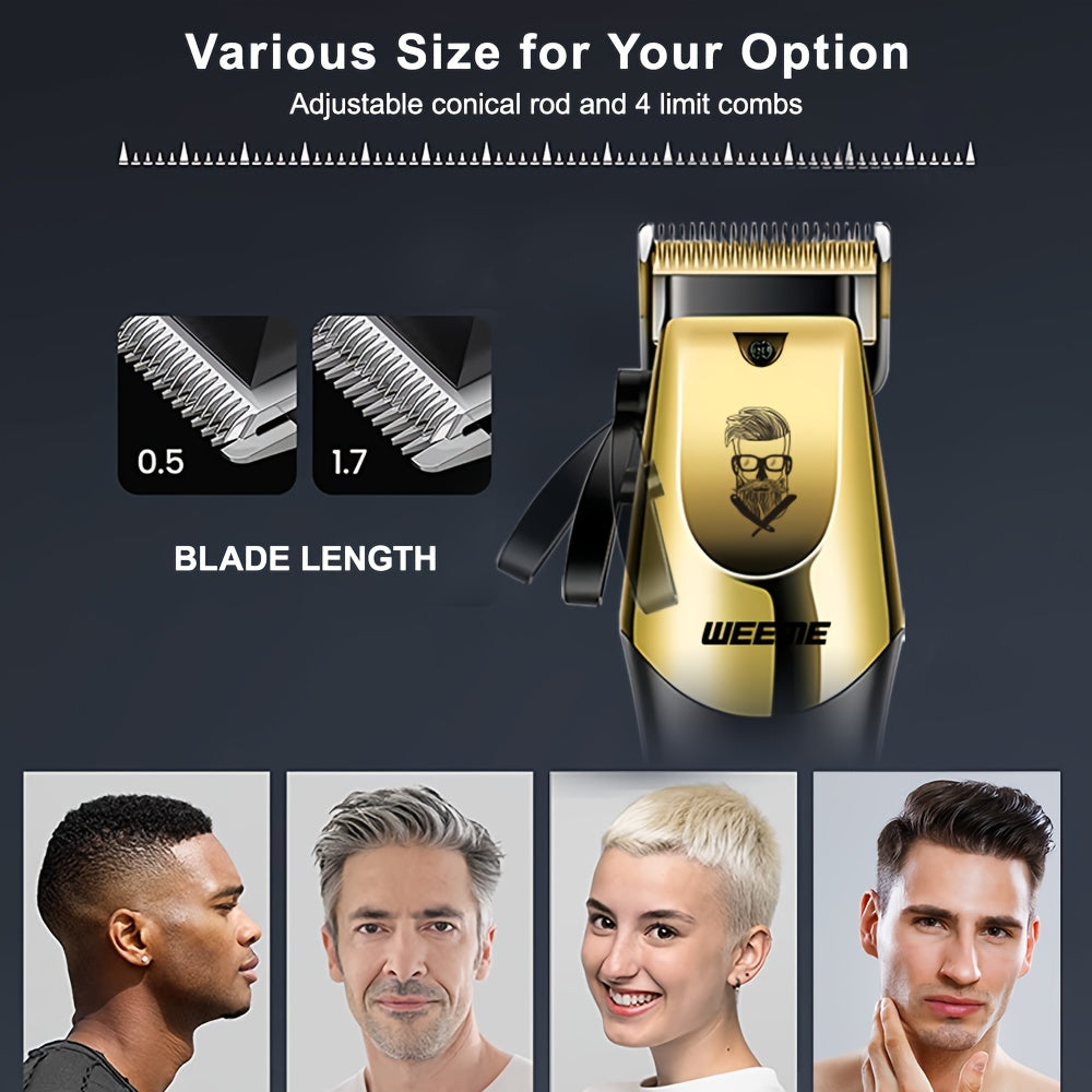 3pcs/set Professional Golden Hair Clipper And Trimmer Set For Men - USB Rechargeable Haircut Kit With LCD Display, Including Electric Shaver, T-Blade Trimmer, 8pcs Limit Combs, 3pcs USB Cables, 3pcs Cleaning Brushes, And Comb