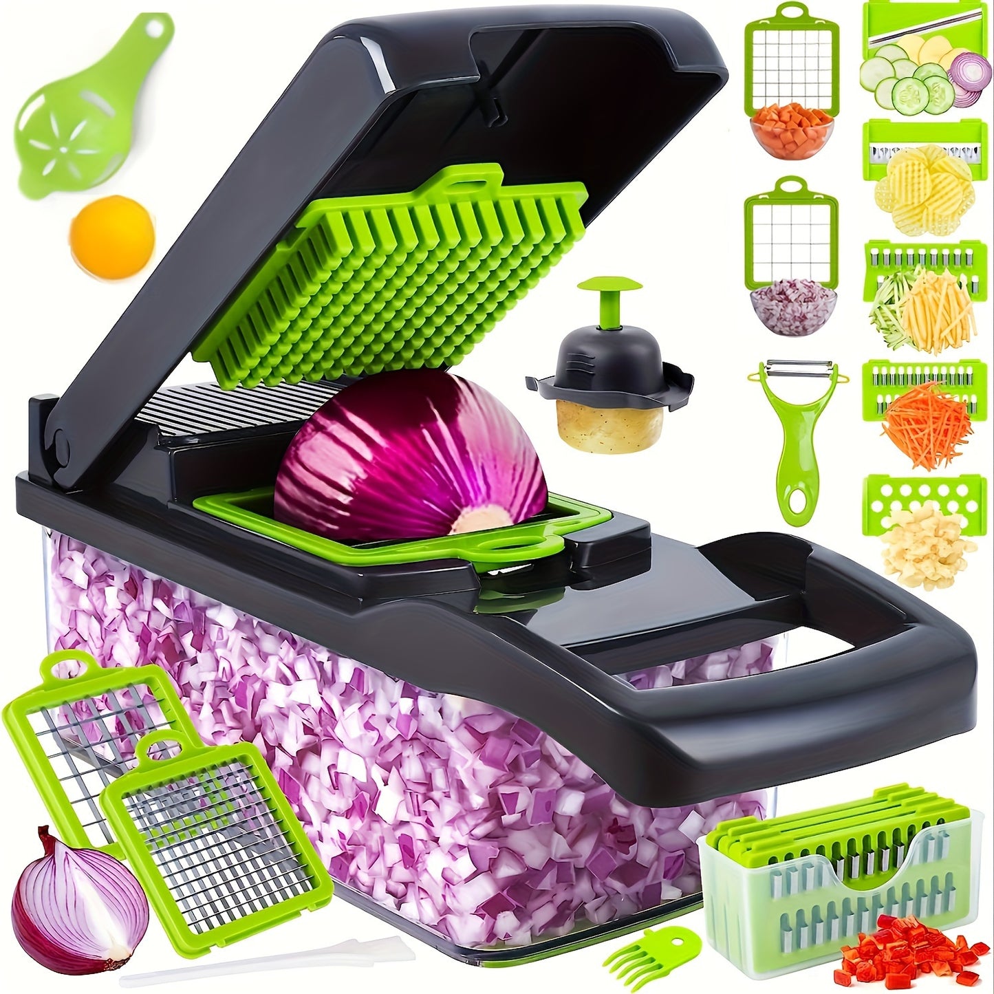 16-in-1 Multifunctional Vegetable Chopper - Manual Food Slicer Dicer with Container, Kitchen Veggie Cutter for Onion, Carrot, Garlic - Plastic Kitchen Gadget Set with Drain Basket & Hand Protector