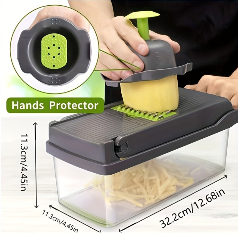 16-in-1 Multifunctional Vegetable Chopper - Manual Food Slicer Dicer with Container, Kitchen Veggie Cutter for Onion, Carrot, Garlic - Plastic Kitchen Gadget Set with Drain Basket & Hand Protector