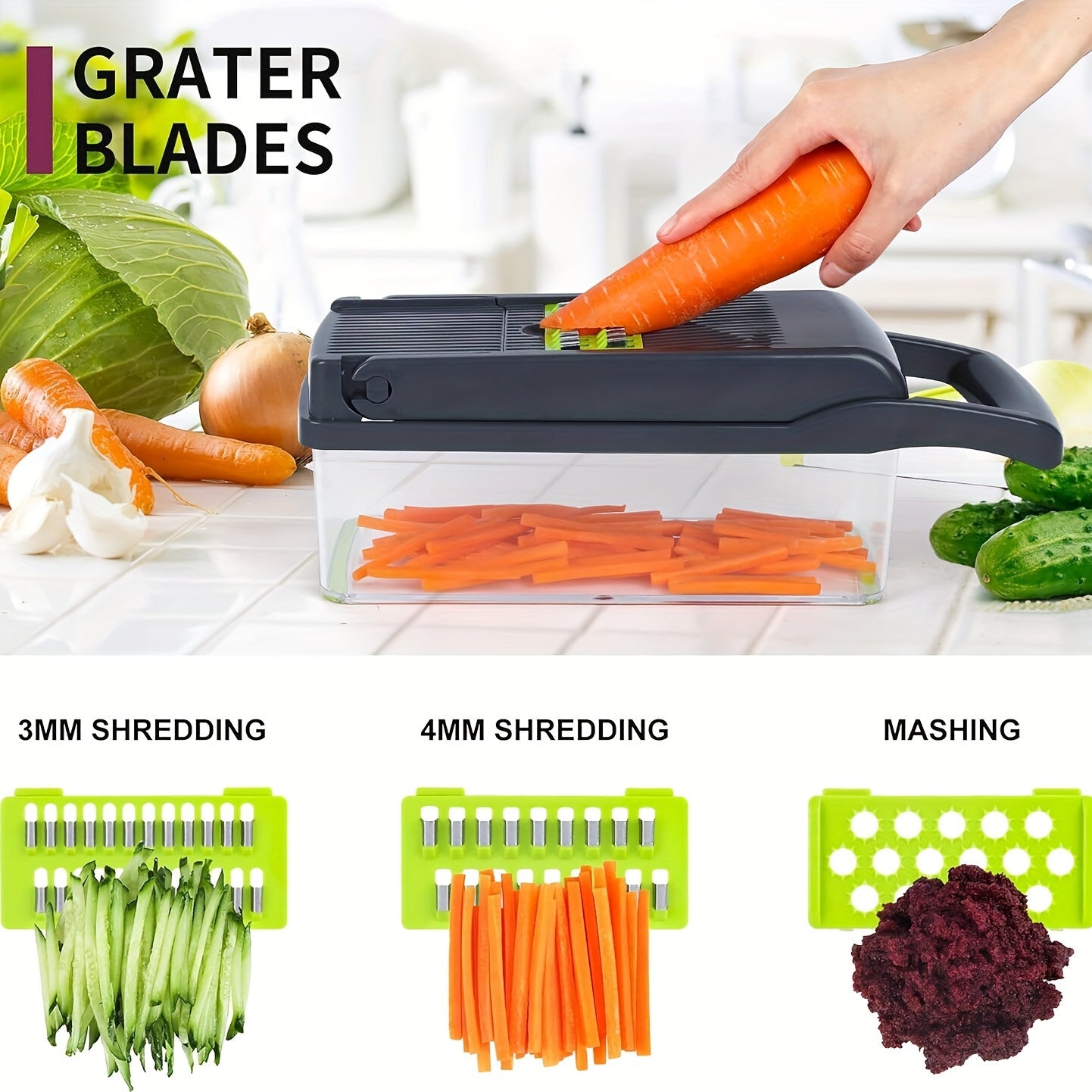 16-in-1 Multifunctional Vegetable Chopper - Manual Food Slicer Dicer with Container, Kitchen Veggie Cutter for Onion, Carrot, Garlic - Plastic Kitchen Gadget Set with Drain Basket & Hand Protector