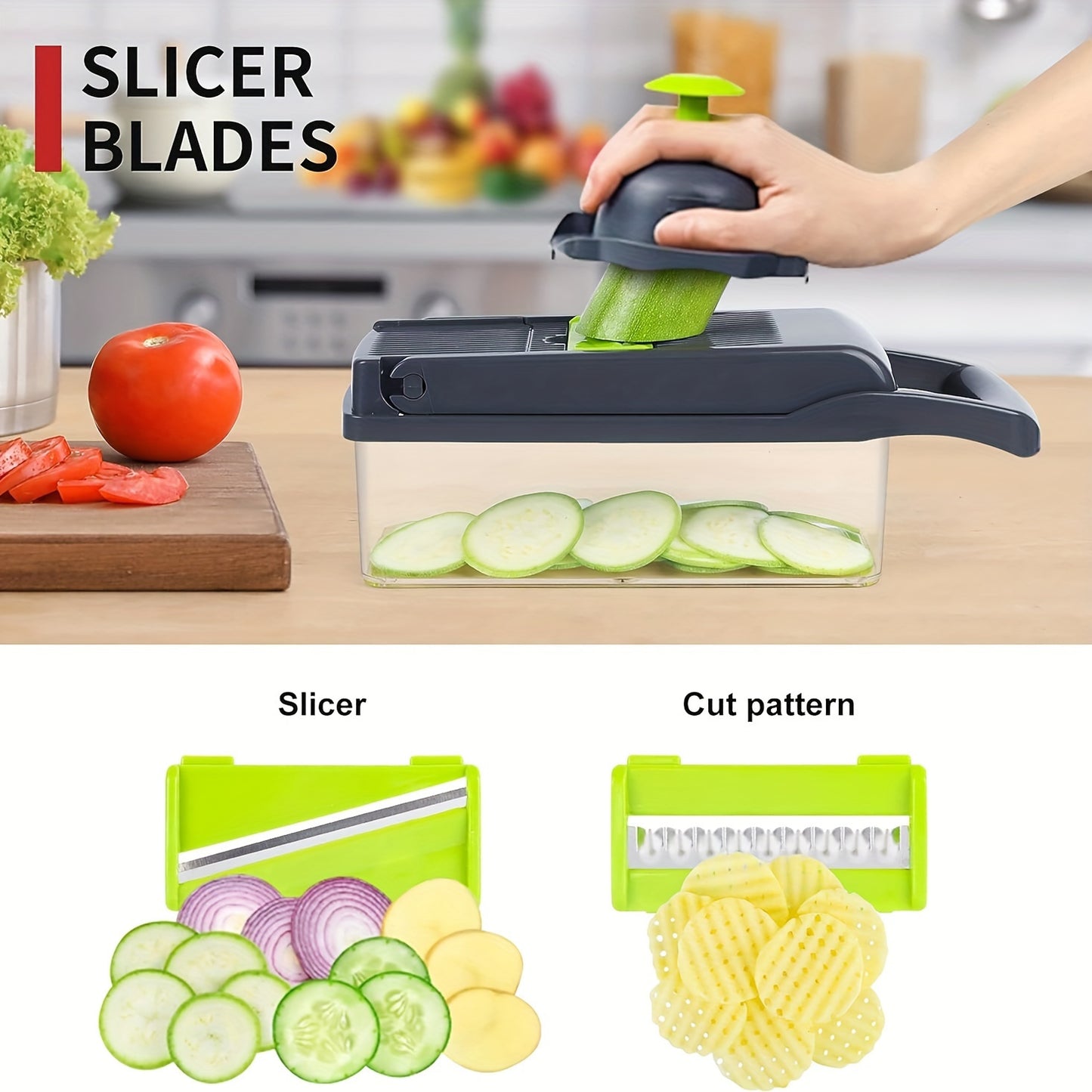 16-in-1 Multifunctional Vegetable Chopper - Manual Food Slicer Dicer with Container, Kitchen Veggie Cutter for Onion, Carrot, Garlic - Plastic Kitchen Gadget Set with Drain Basket & Hand Protector