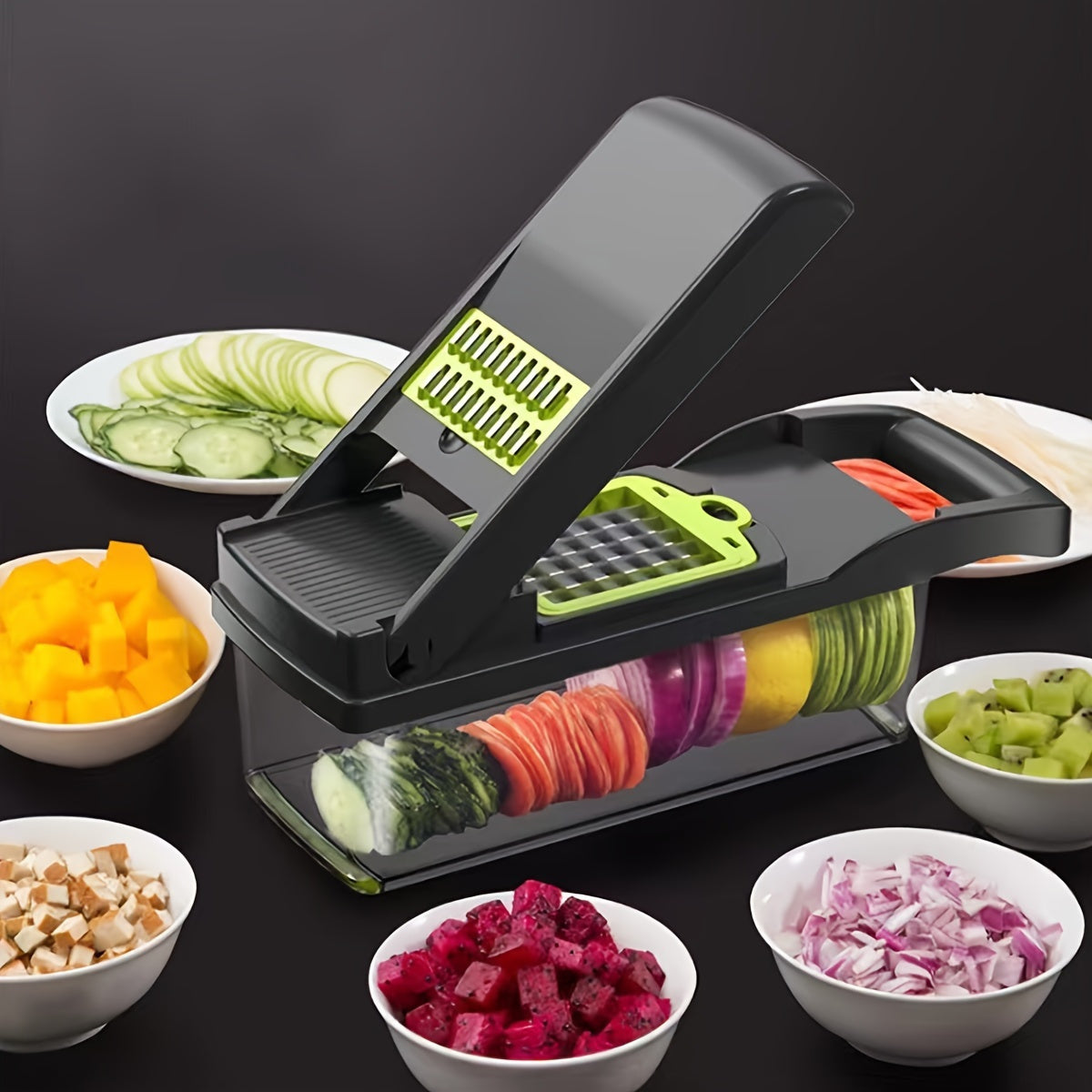 16-in-1 Multifunctional Vegetable Chopper - Manual Food Slicer Dicer with Container, Kitchen Veggie Cutter for Onion, Carrot, Garlic - Plastic Kitchen Gadget Set with Drain Basket & Hand Protector