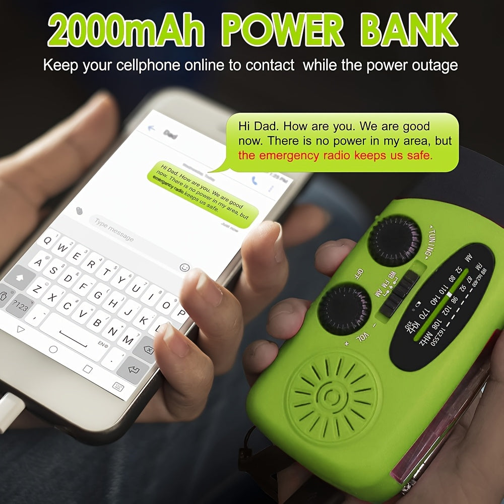 Portable Emergency Radio with Power Bank, 2000mAh Lithium Battery, AM/FM/NOAA Weather Band, Hand Crank & Solar Charging, USB Rechargeable, 3 LED Flashlight, Non-Waterproof, for Indoor Outdoor Camping
