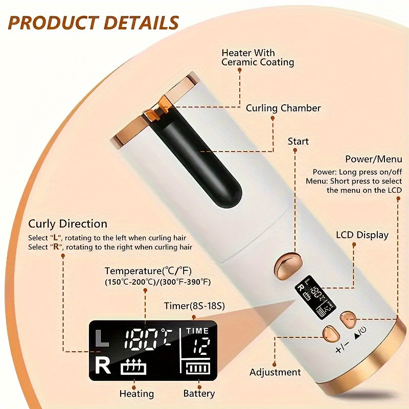 5 Heat Settings Auto-Curler for Luscious Locks - Ceramic, Anti-Scald, Tangle-Free, Quick Charge USB Rechargeable Lithium Battery - Perfect for Styling, Special Occasions, and as an Elegant Gift with Luxurious Gift Box Include