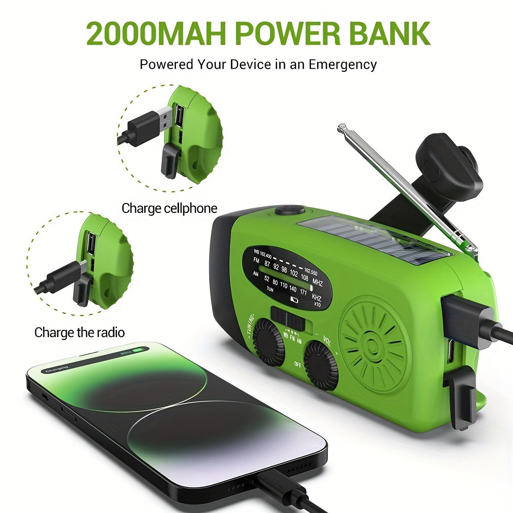 Portable Emergency Radio with Power Bank, 2000mAh Lithium Battery, AM/FM/NOAA Weather Band, Hand Crank & Solar Charging, USB Rechargeable, 3 LED Flashlight, Non-Waterproof, for Indoor Outdoor Camping