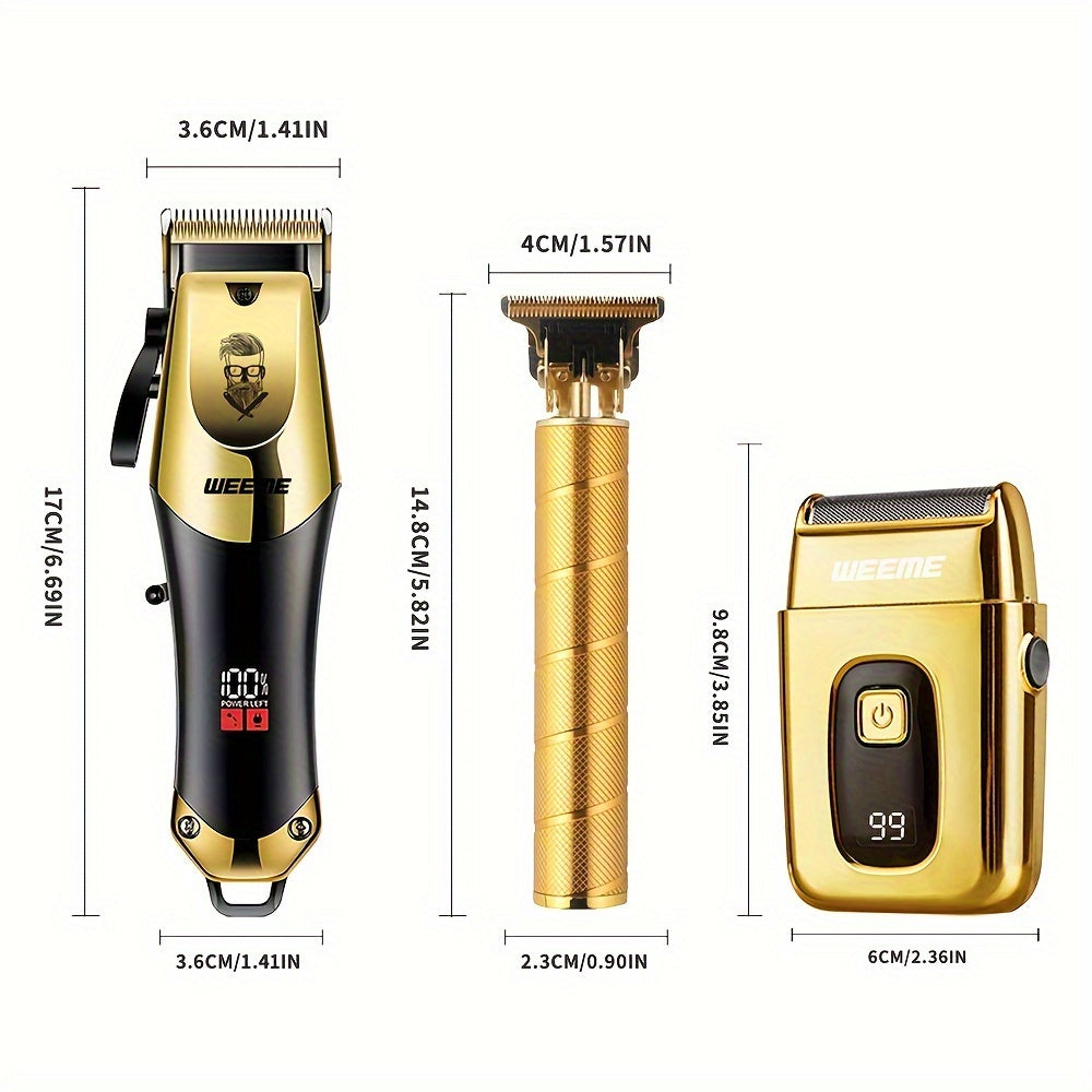 3pcs/set Professional Golden Hair Clipper And Trimmer Set For Men - USB Rechargeable Haircut Kit With LCD Display, Including Electric Shaver, T-Blade Trimmer, 8pcs Limit Combs, 3pcs USB Cables, 3pcs Cleaning Brushes, And Comb