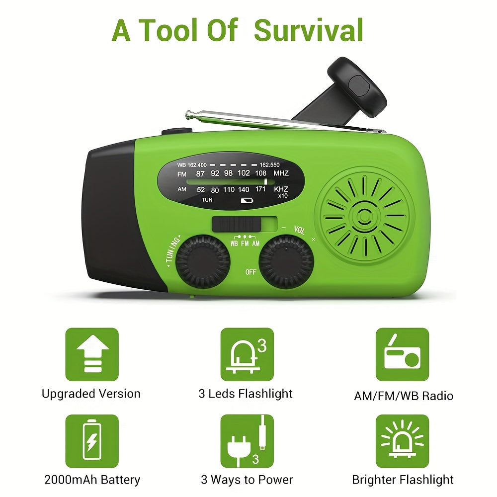 Portable Emergency Radio with Power Bank, 2000mAh Lithium Battery, AM/FM/NOAA Weather Band, Hand Crank & Solar Charging, USB Rechargeable, 3 LED Flashlight, Non-Waterproof, for Indoor Outdoor Camping