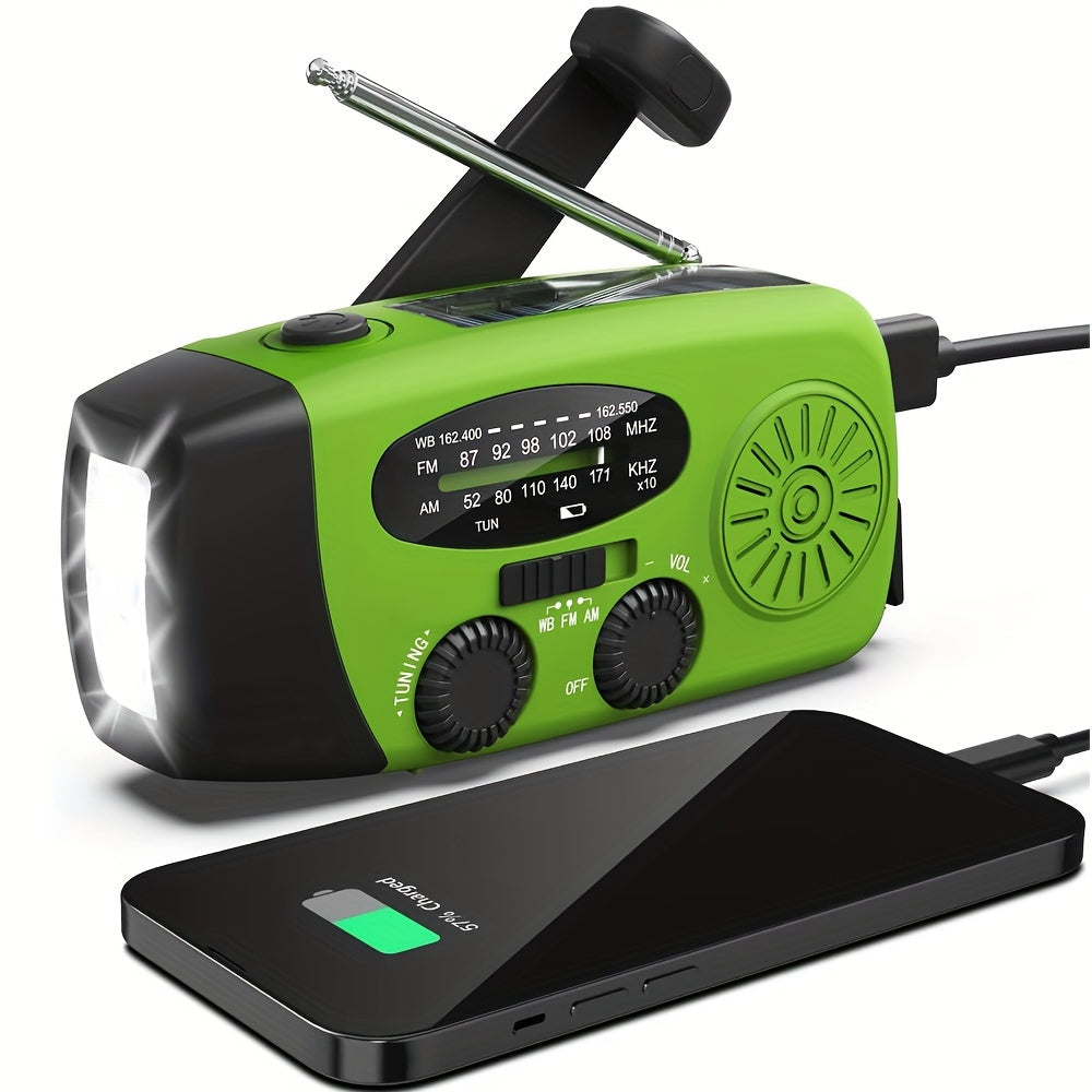 Portable Emergency Radio with Power Bank, 2000mAh Lithium Battery, AM/FM/NOAA Weather Band, Hand Crank & Solar Charging, USB Rechargeable, 3 LED Flashlight, Non-Waterproof, for Indoor Outdoor Camping