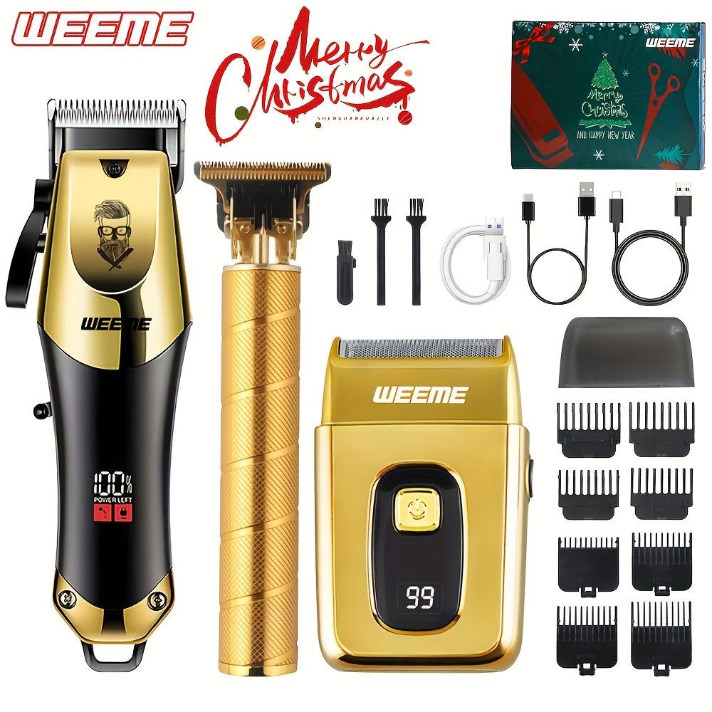 3pcs/set Professional Golden Hair Clipper And Trimmer Set For Men - USB Rechargeable Haircut Kit With LCD Display, Including Electric Shaver, T-Blade Trimmer, 8pcs Limit Combs, 3pcs USB Cables, 3pcs Cleaning Brushes, And Comb