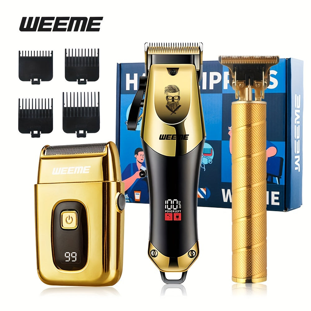 3pcs/set Professional Golden Hair Clipper And Trimmer Set For Men - USB Rechargeable Haircut Kit With LCD Display, Including Electric Shaver, T-Blade Trimmer, 8pcs Limit Combs, 3pcs USB Cables, 3pcs Cleaning Brushes, And Comb