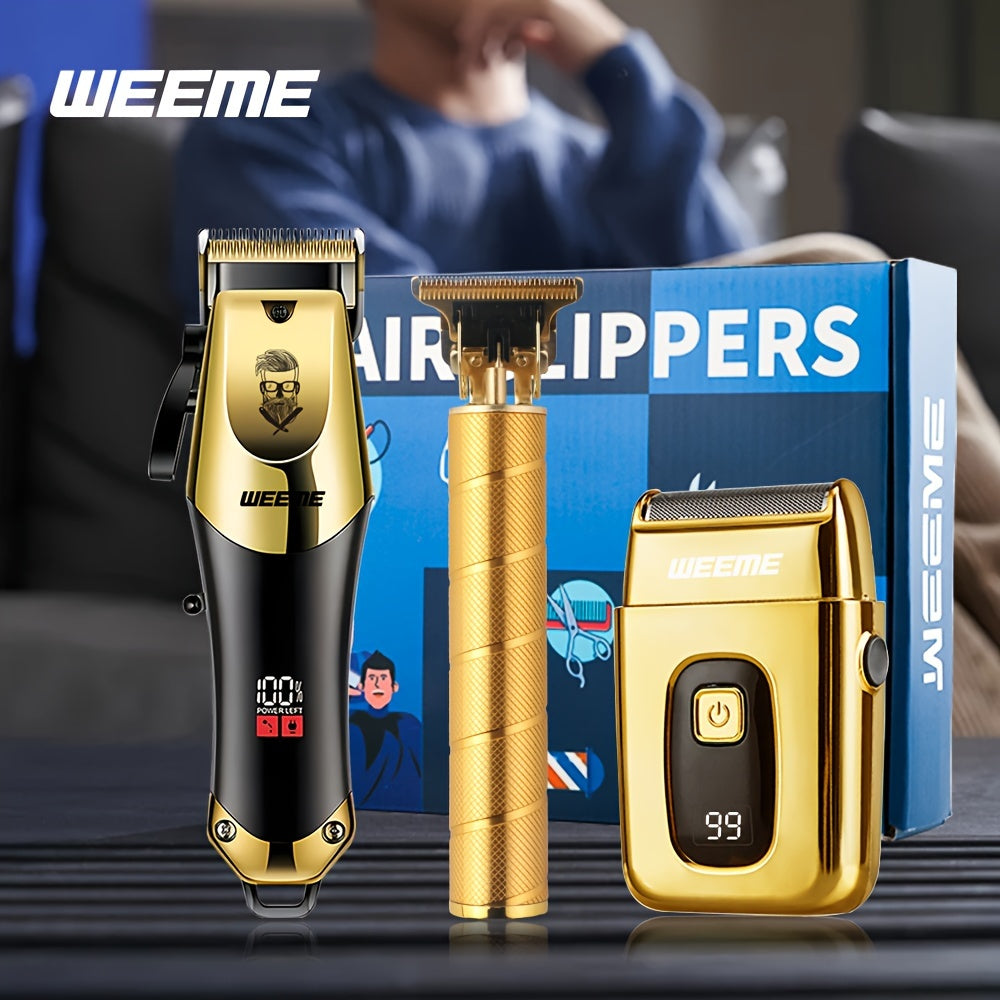 3pcs/set Professional Golden Hair Clipper And Trimmer Set For Men - USB Rechargeable Haircut Kit With LCD Display, Including Electric Shaver, T-Blade Trimmer, 8pcs Limit Combs, 3pcs USB Cables, 3pcs Cleaning Brushes, And Comb