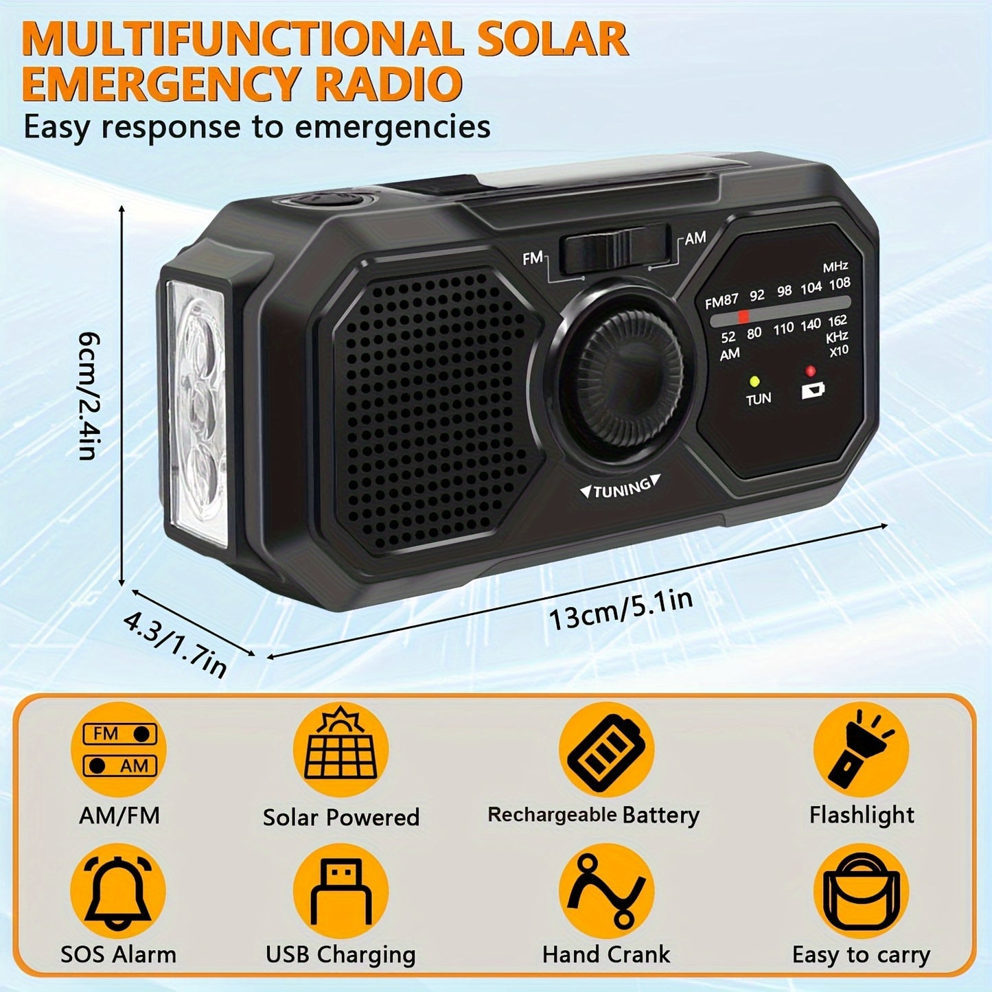 Emergency Crank Weather Radio Emergency AM/FM Radio With Flashlight/emergency Charging/solar Charging, Portable Radio