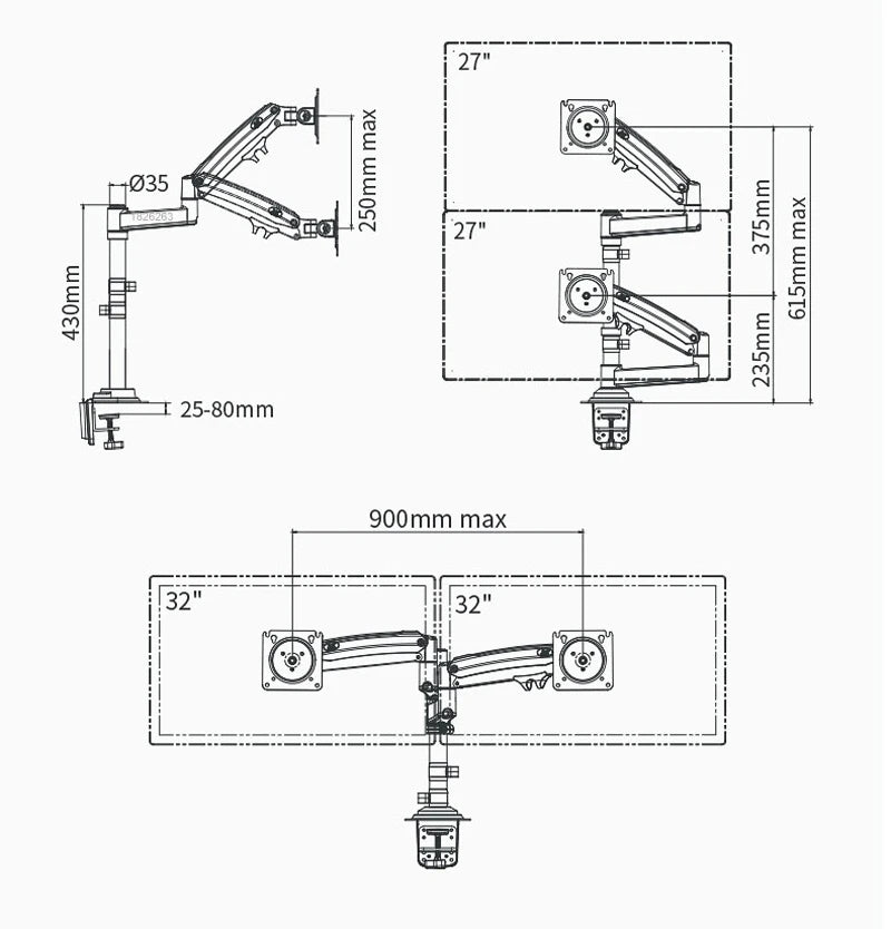 Desktop NB H180 + FP-2 Gas Spring Dual Arm for 22"-32" Monitor Holder + 10"-17" Laptop Support Air Press Mount Stand Load 2-12kg