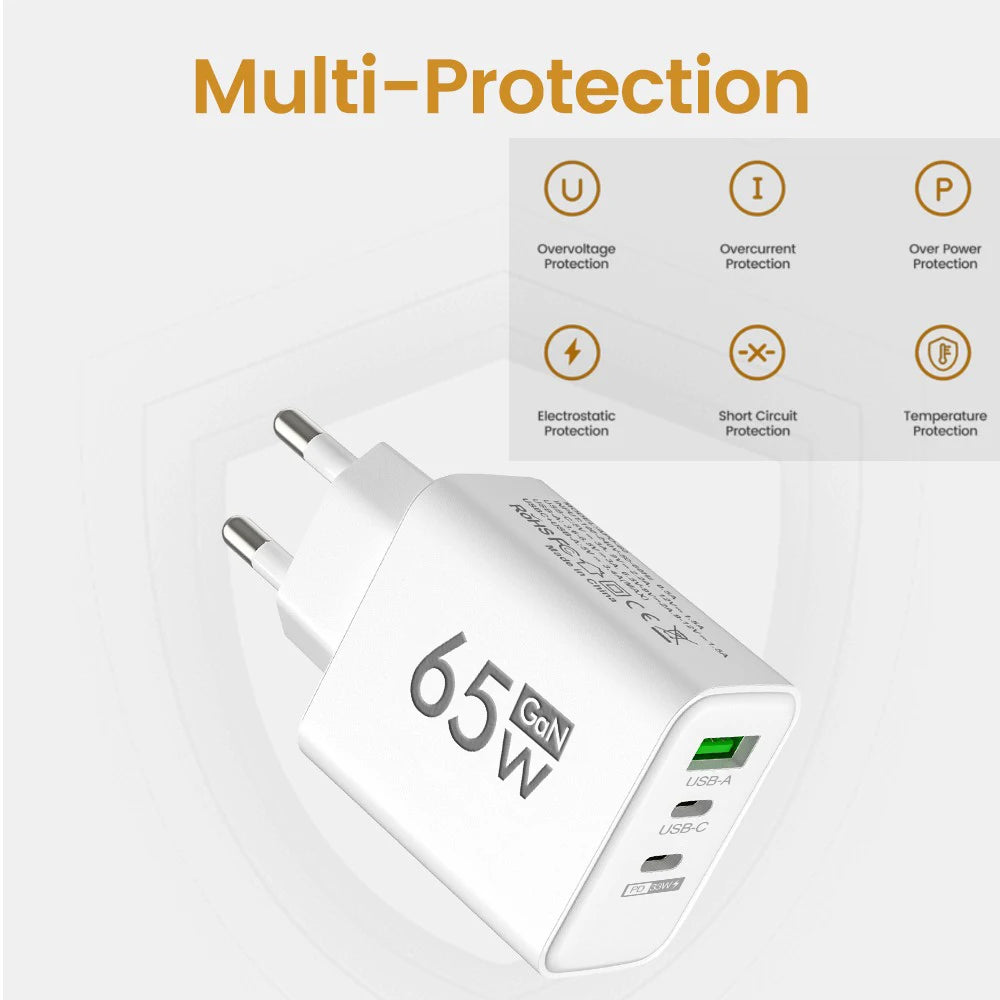 65W USB C Charger GaN Fast Charging Charger PD Quick Charge 3.0 Wall For Phone Adapter For iPhone Xiaomi 13 POCO Samsung Oneplus