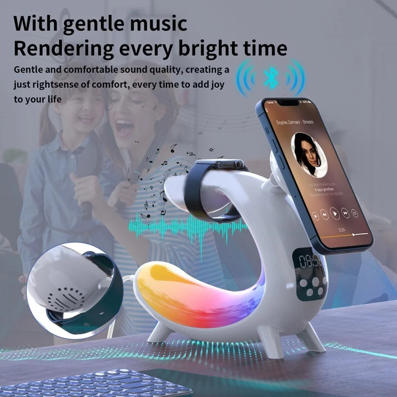 6IN1 Alarm Clock Magnetic Wireless Charger for Iphone 15 14 13 12 Bluetooth Speaker RGB Night Light for Airpods Pro Apple Watch