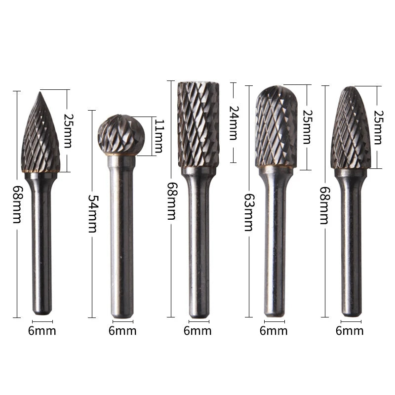5pcs Double Groove Rotary File 6×10mm Grinding Head Tungsten Carbide Burr Milling Cutter Drill Bit Set Finishing Metal Mould