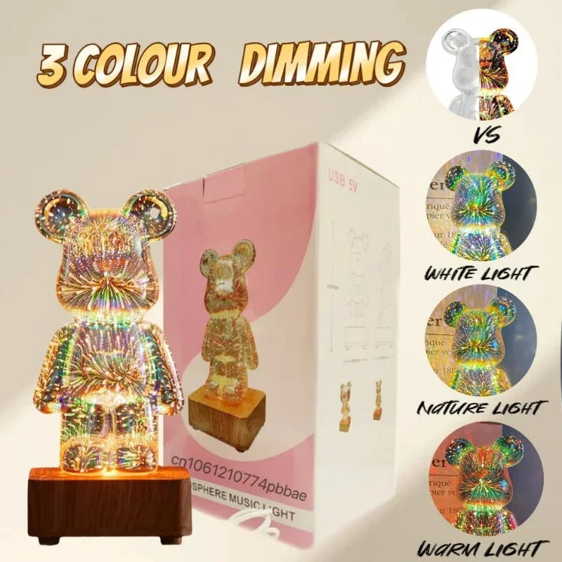 LED 3D Bear Firework Night Light USB Projector Lamp Color Changeable Ambient Lamp Suitable for Children Room Bedroom Decoration