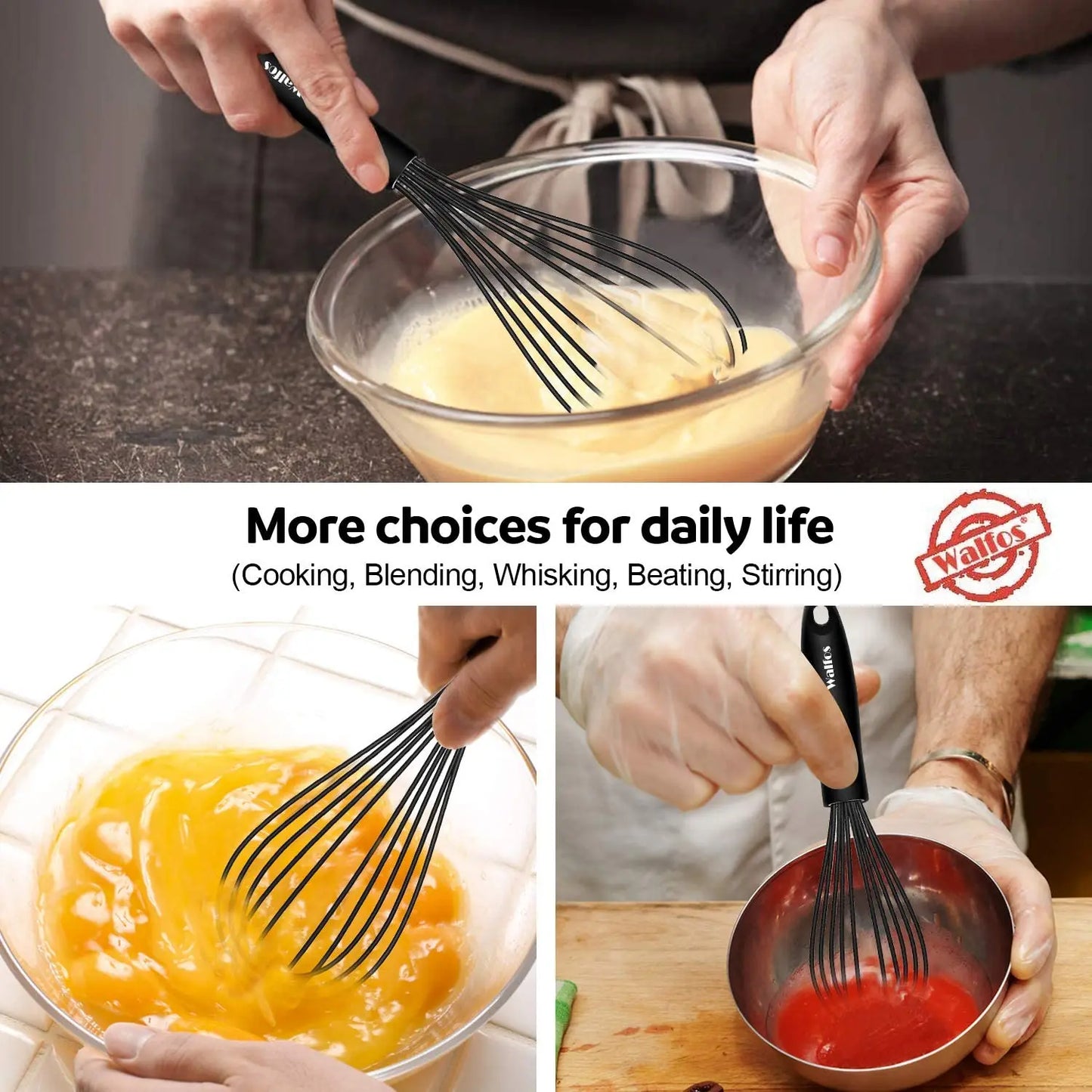 WALFOS 1pcs/3set Multifunctional Rotating Manual Whisk Mixer Mini Plastic Kitchen Whisk Baking Tool Silicone Whisk