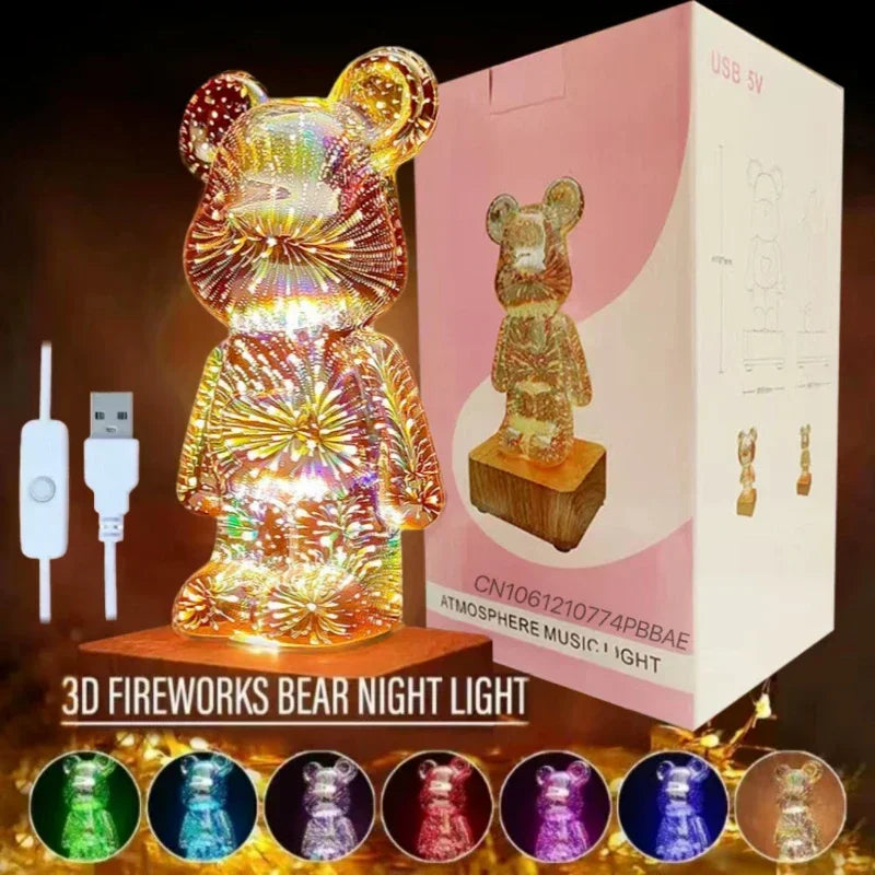 LED 3D Bear Firework Night Light USB Projector Lamp Color Changeable Ambient Lamp Suitable for Children Room Bedroom Decoration
