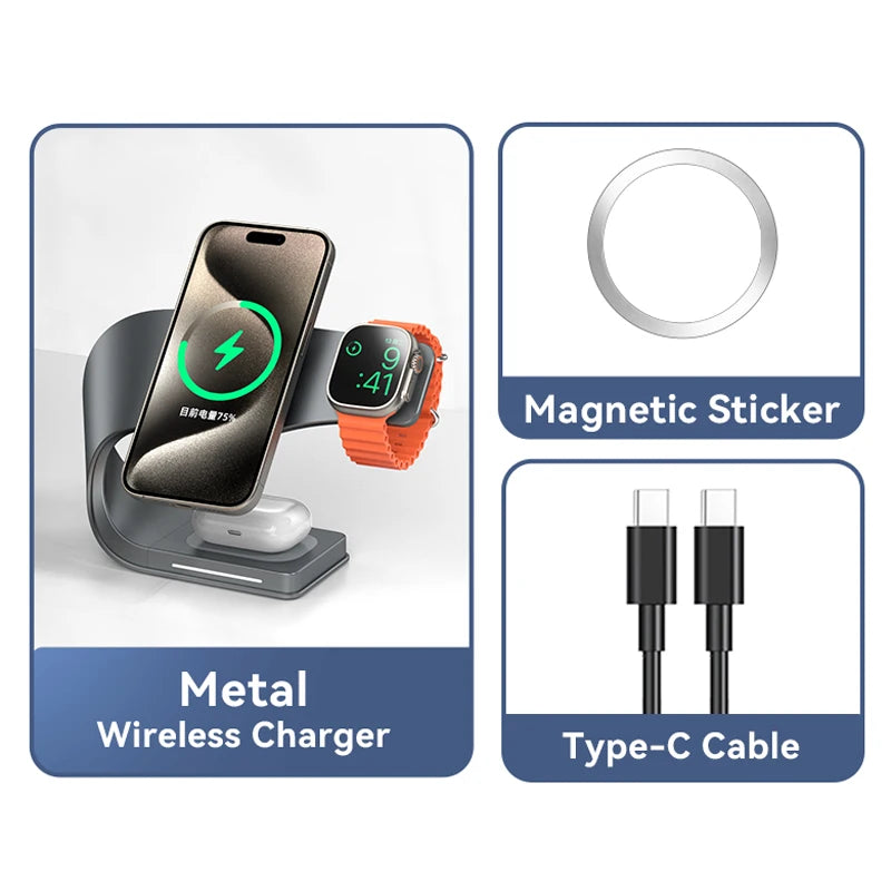 4 in 1 Metal Shell Wireless Charger for iPhone 15 14 13 12 Magnetic Fast Charging Station Stand Dock for Apple Airpods Watch