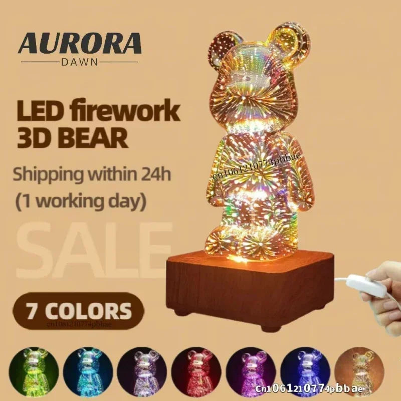 LED 3D Bear Firework Night Light USB Projector Lamp Color Changeable Ambient Lamp Suitable for Children Room Bedroom Decoration