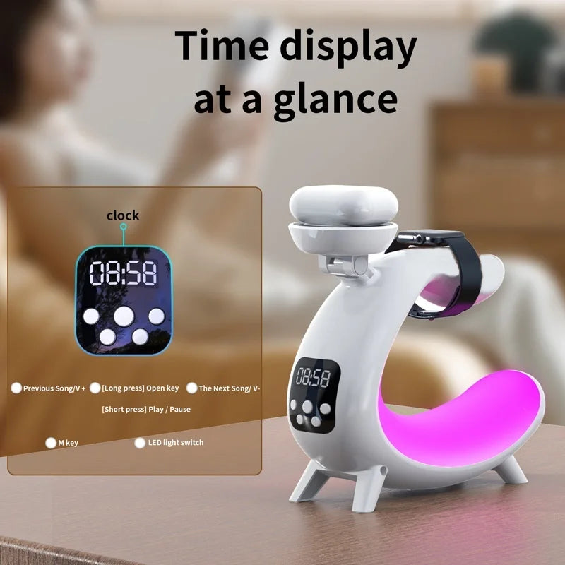 6IN1 Alarm Clock Magnetic Wireless Charger for Iphone 15 14 13 12 Bluetooth Speaker RGB Night Light for Airpods Pro Apple Watch