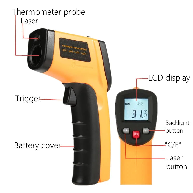 Digital Infrared Thermometer Laser Temperature Meter Non-contact Pyrometer Imager Hygrometer IR Termometro Color LCD Light Alarm