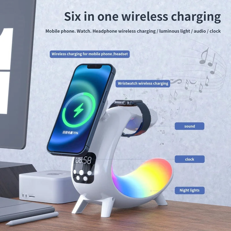 6IN1 Alarm Clock Magnetic Wireless Charger for Iphone 15 14 13 12 Bluetooth Speaker RGB Night Light for Airpods Pro Apple Watch