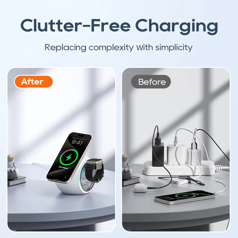 KUULAA 3 in 1 Wireless Charging Stand for iPhone 15 4 Color Changing LED Light Magnetic Wireless Charger for AirPods/Watch