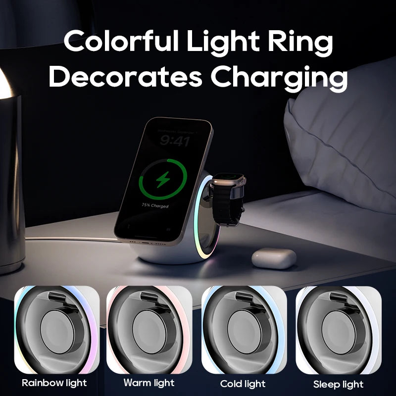 KUULAA 3 in 1 Wireless Charging Stand for iPhone 15 4 Color Changing LED Light Magnetic Wireless Charger for AirPods/Watch