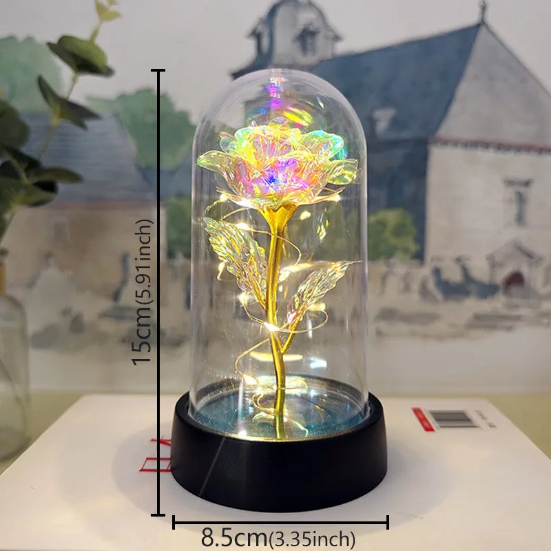 Valentines Day Gift Eternal Rose Acrylic Cover LED Light Foil Flower In Glass Cover Mothers Day Decoration Birthday Party Gift