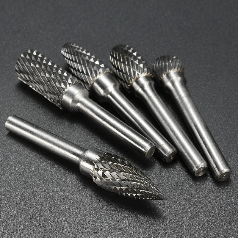 5pcs Double Groove Rotary File 6×10mm Grinding Head Tungsten Carbide Burr Milling Cutter Drill Bit Set Finishing Metal Mould