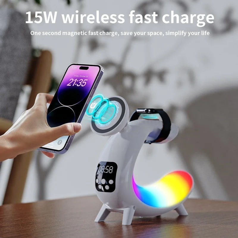 6IN1 Alarm Clock Magnetic Wireless Charger for Iphone 15 14 13 12 Bluetooth Speaker RGB Night Light for Airpods Pro Apple Watch