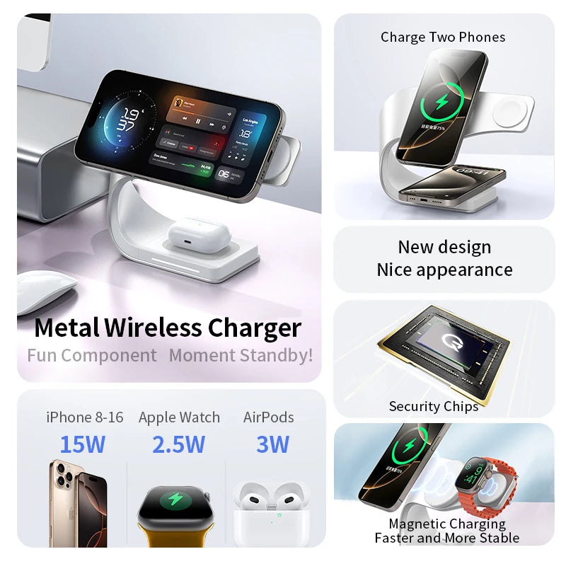 4 in 1 Metal Shell Wireless Charger for iPhone 15 14 13 12 Magnetic Fast Charging Station Stand Dock for Apple Airpods Watch