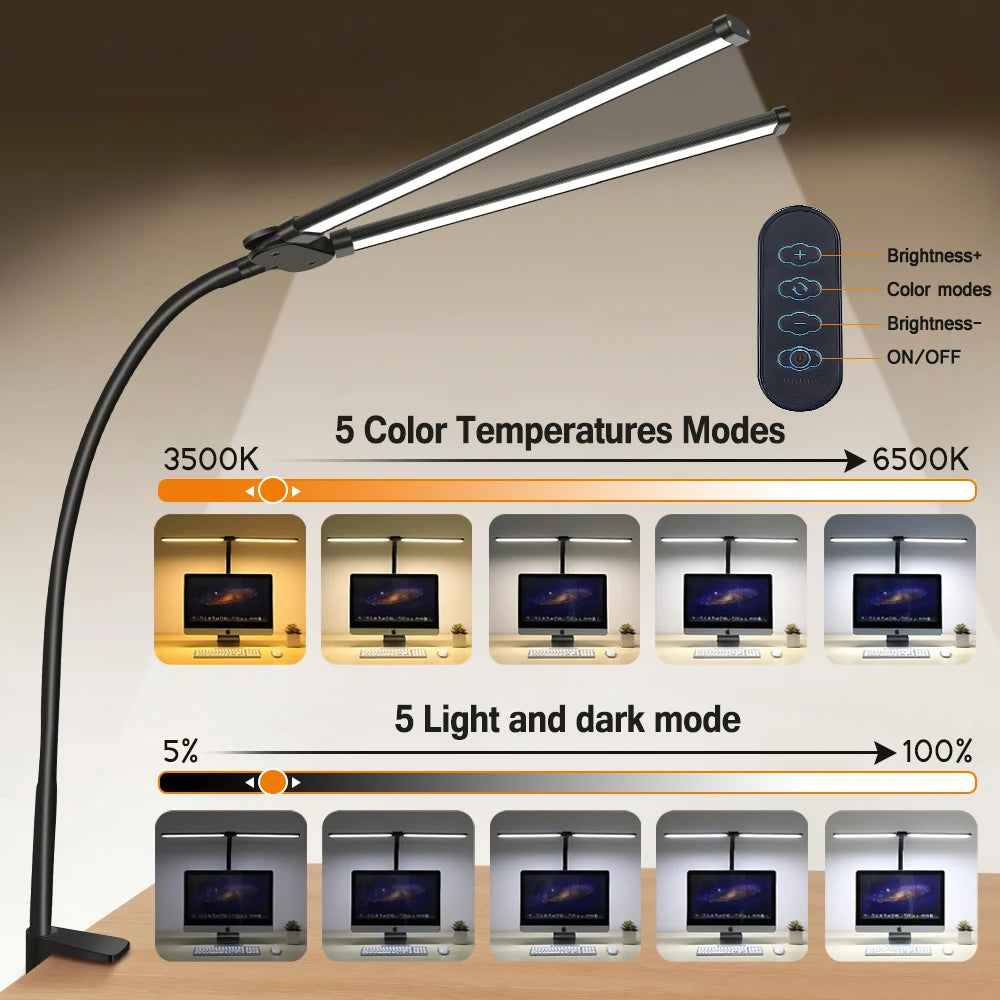 Double Head LED Desk Lamp Dimmable Computer Monitor Light USB Table Lamps Reading Lights Eye Protection 3 Color Mode For Office