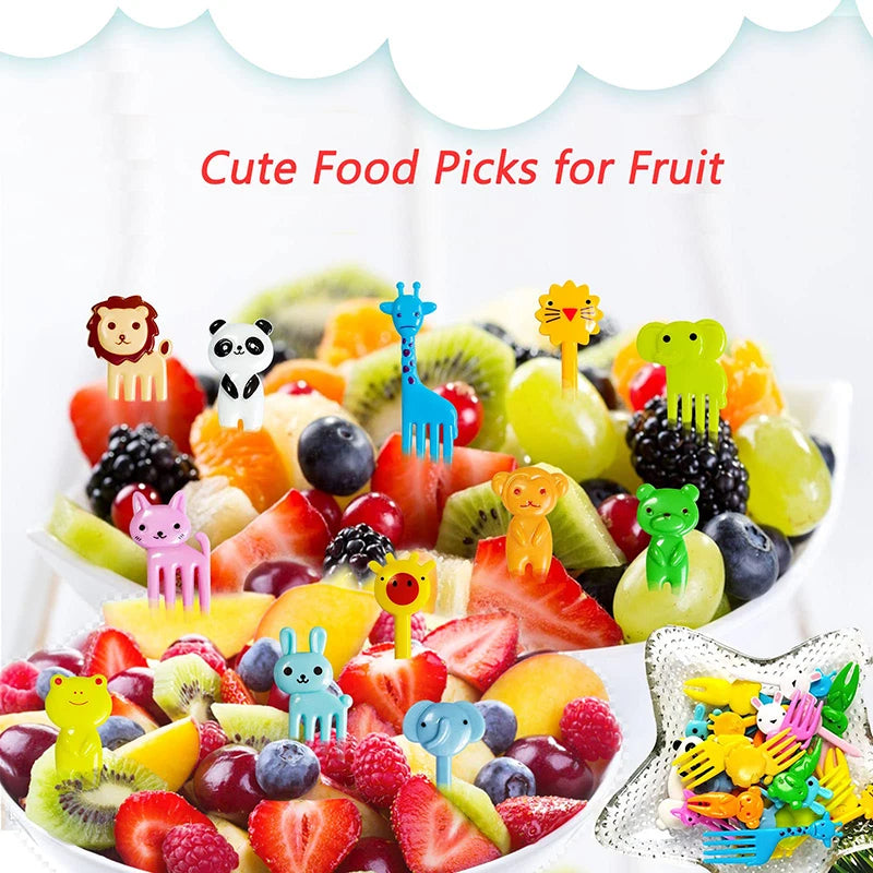 Cute Mini Food Picks Children Animal Toddler Cartoon Snack Cake Dessert Food Fruit Forks With Cutter Silicone Lunch Box Dividers