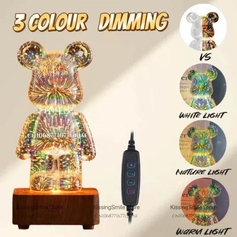 LED 3D Bear Firework Night Light USB Projector Lamp Color Changeable Ambient Lamp Suitable for Children Room Bedroom Decoration