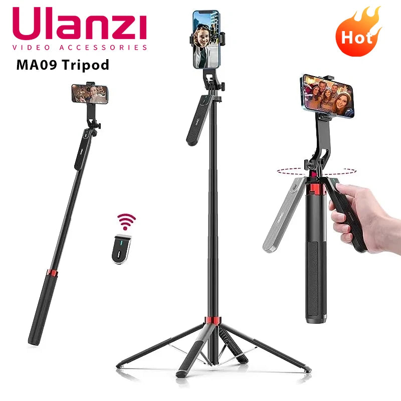 Ulanzi MA09 1.8m Selfie Stick Tripod for iPhone 11 12 13 14 15 Pro Max Phone with Remote Control with Panoramic Ball head Holder