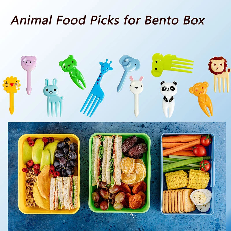 Cute Mini Food Picks Children Animal Toddler Cartoon Snack Cake Dessert Food Fruit Forks With Cutter Silicone Lunch Box Dividers