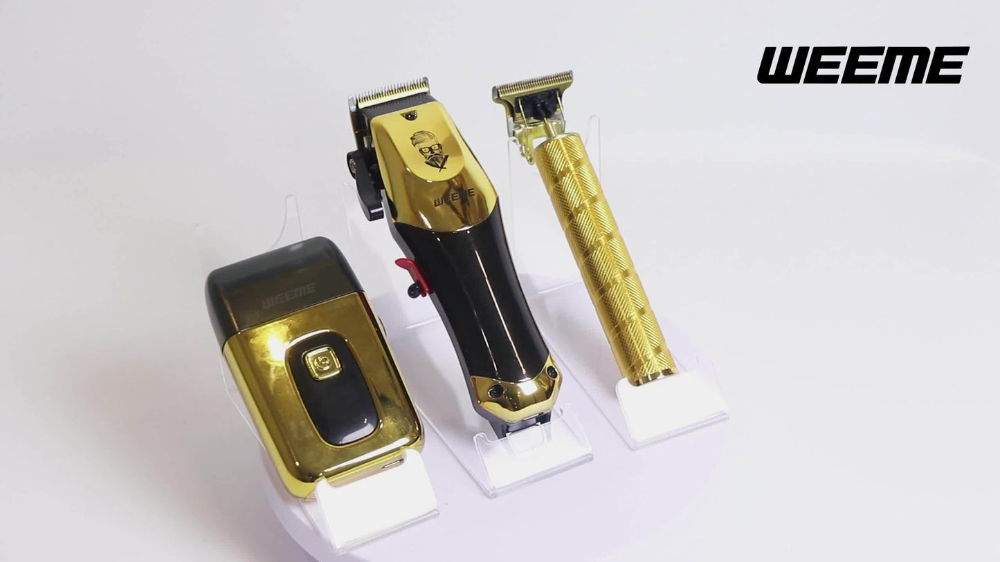 3pcs/set Professional Golden Hair Clipper And Trimmer Set For Men - USB Rechargeable Haircut Kit With LCD Display, Including Electric Shaver, T-Blade Trimmer, 8pcs Limit Combs, 3pcs USB Cables, 3pcs Cleaning Brushes, And Comb