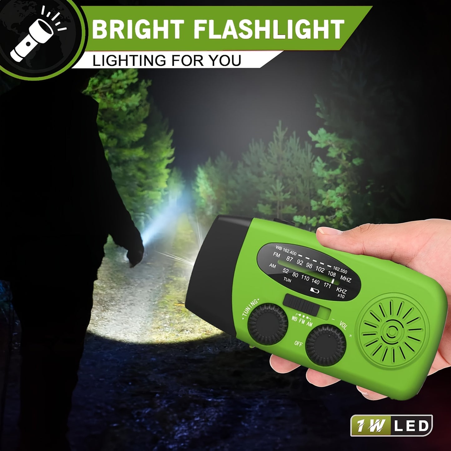 Portable Emergency Radio with Power Bank, 2000mAh Lithium Battery, AM/FM/NOAA Weather Band, Hand Crank & Solar Charging, USB Rechargeable, 3 LED Flashlight, Non-Waterproof, for Indoor Outdoor Camping