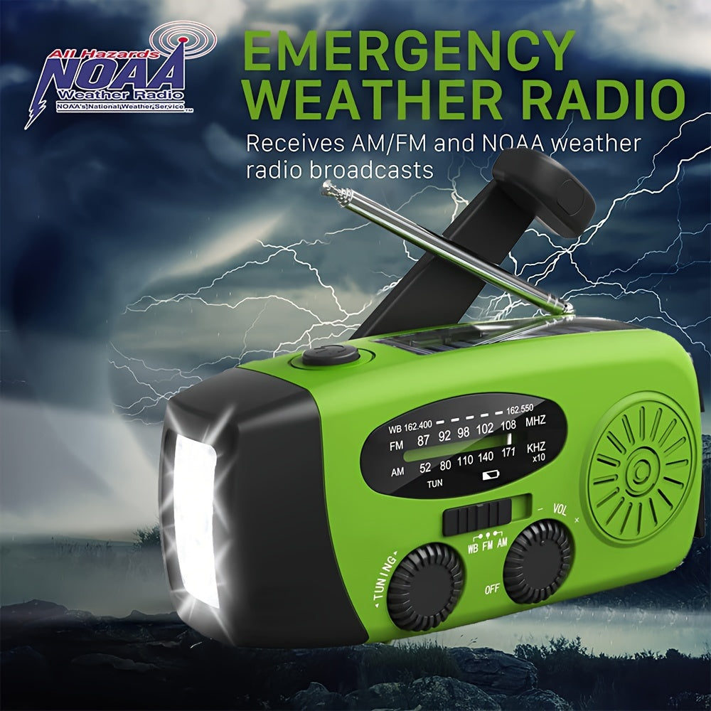 Portable Emergency Radio with Power Bank, 2000mAh Lithium Battery, AM/FM/NOAA Weather Band, Hand Crank & Solar Charging, USB Rechargeable, 3 LED Flashlight, Non-Waterproof, for Indoor Outdoor Camping