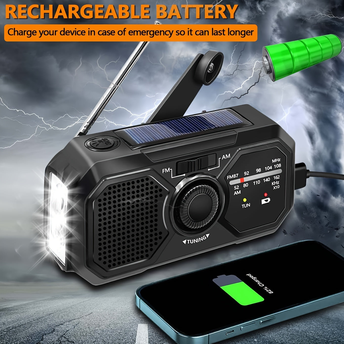 Emergency Crank Weather Radio Emergency AM/FM Radio With Flashlight/emergency Charging/solar Charging, Portable Radio