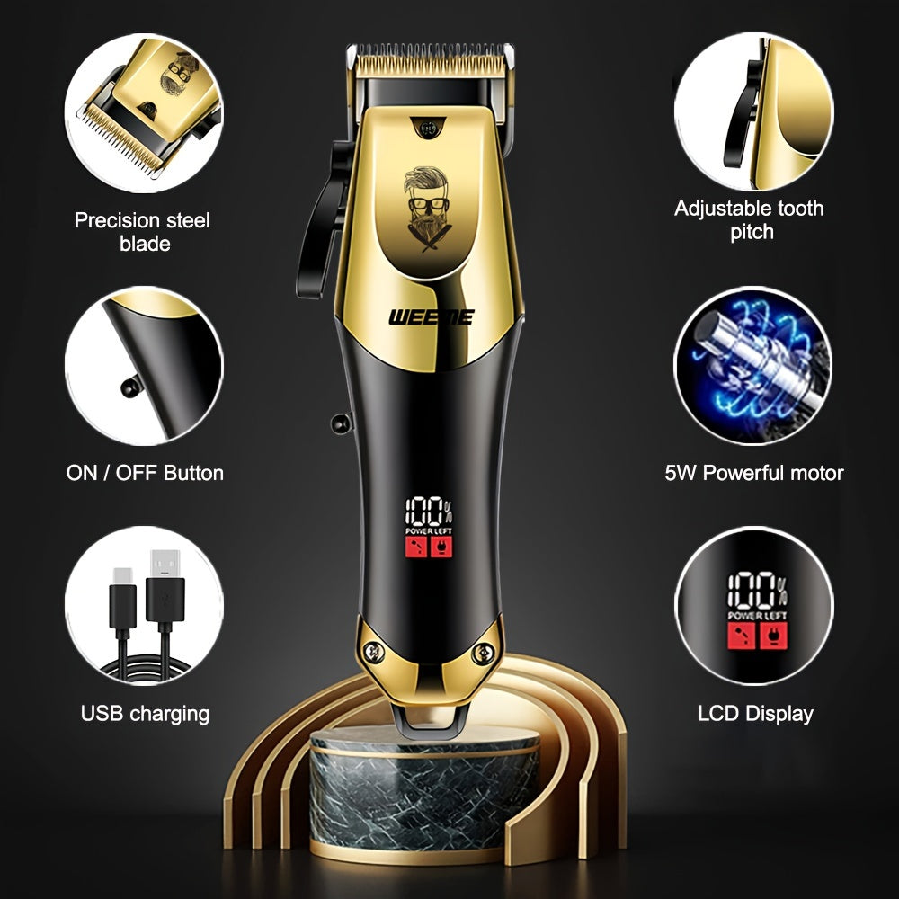 3pcs/set Professional Golden Hair Clipper And Trimmer Set For Men - USB Rechargeable Haircut Kit With LCD Display, Including Electric Shaver, T-Blade Trimmer, 8pcs Limit Combs, 3pcs USB Cables, 3pcs Cleaning Brushes, And Comb