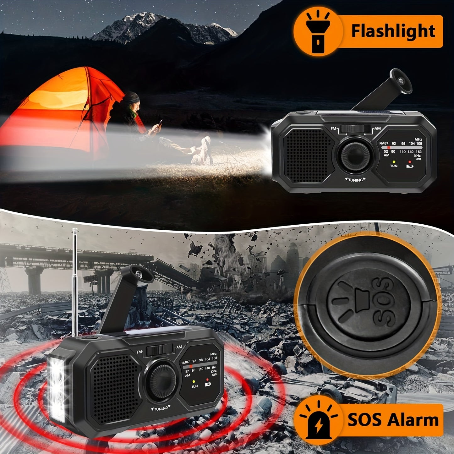 Emergency Crank Weather Radio Emergency AM/FM Radio With Flashlight/emergency Charging/solar Charging, Portable Radio