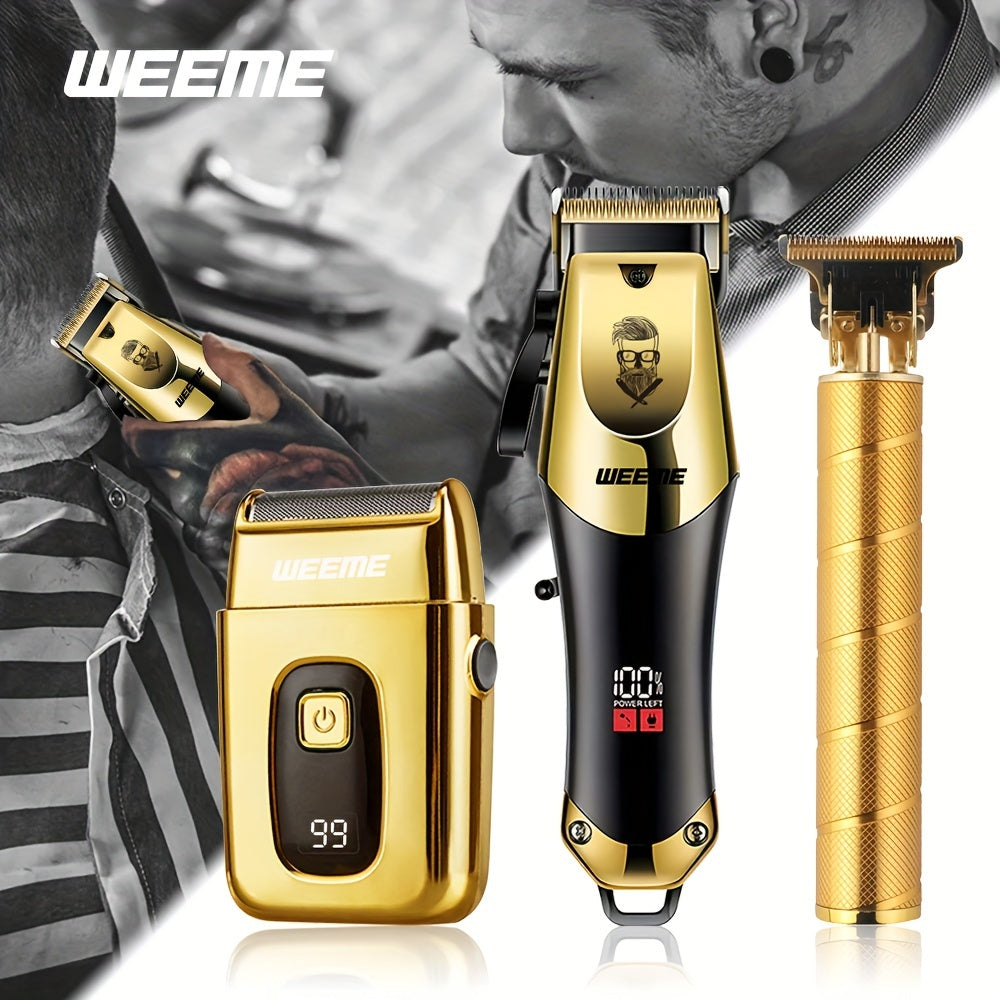 3pcs/set Professional Golden Hair Clipper And Trimmer Set For Men - USB Rechargeable Haircut Kit With LCD Display, Including Electric Shaver, T-Blade Trimmer, 8pcs Limit Combs, 3pcs USB Cables, 3pcs Cleaning Brushes, And Comb