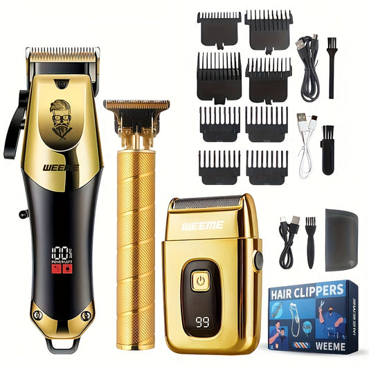 3pcs/set Professional Golden Hair Clipper And Trimmer Set For Men - USB Rechargeable Haircut Kit With LCD Display, Including Electric Shaver, T-Blade Trimmer, 8pcs Limit Combs, 3pcs USB Cables, 3pcs Cleaning Brushes, And Comb