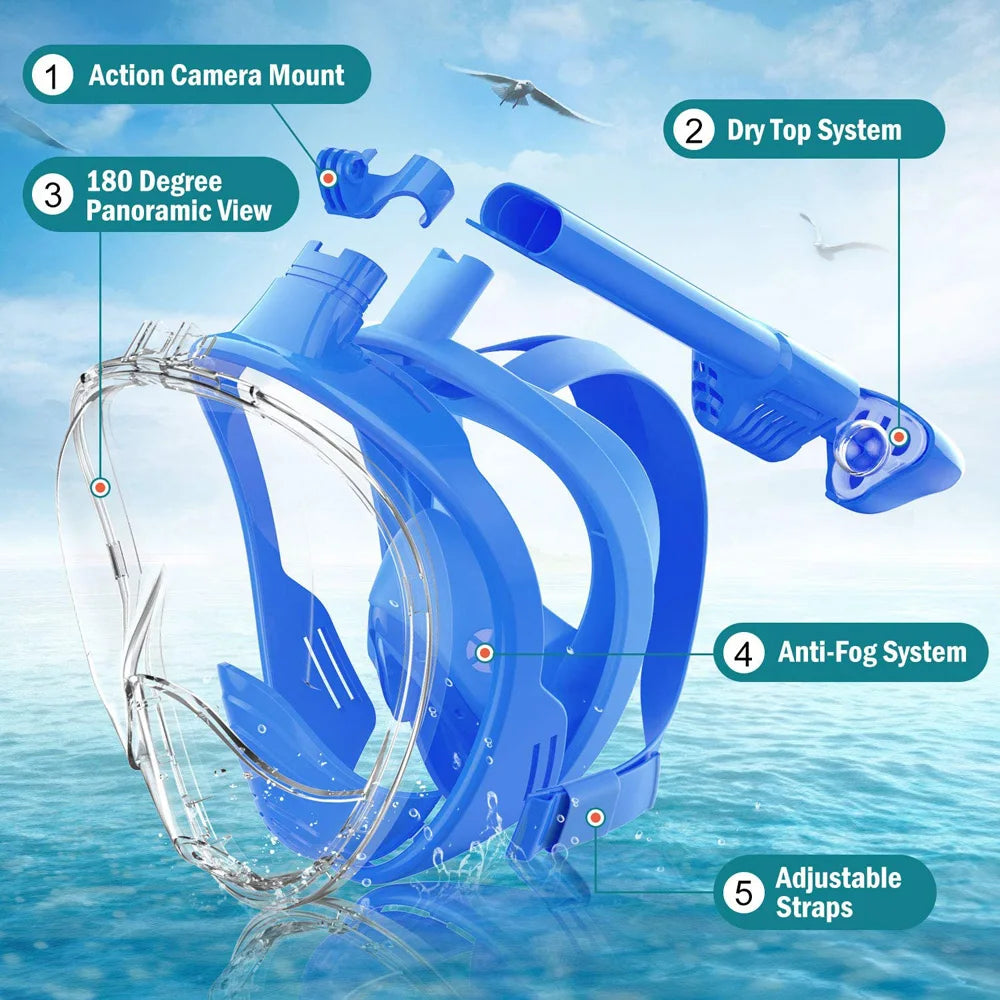 Full Face Snorkel Mask with Detachable Camera Mount,Snorkeling Swimming Diving Mask Wide View Anti-Fog Anti-Leak for Adult Kids