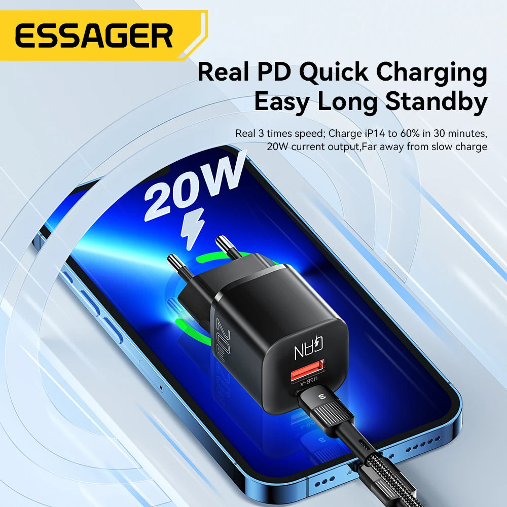 Essager 20W GaN PD USB C Charger for iPhone 14 13 12 11 Pro Max Phone QC 3.0 PD 3.0 USB Type C Fast Charging for Xiaomi pocoiPad